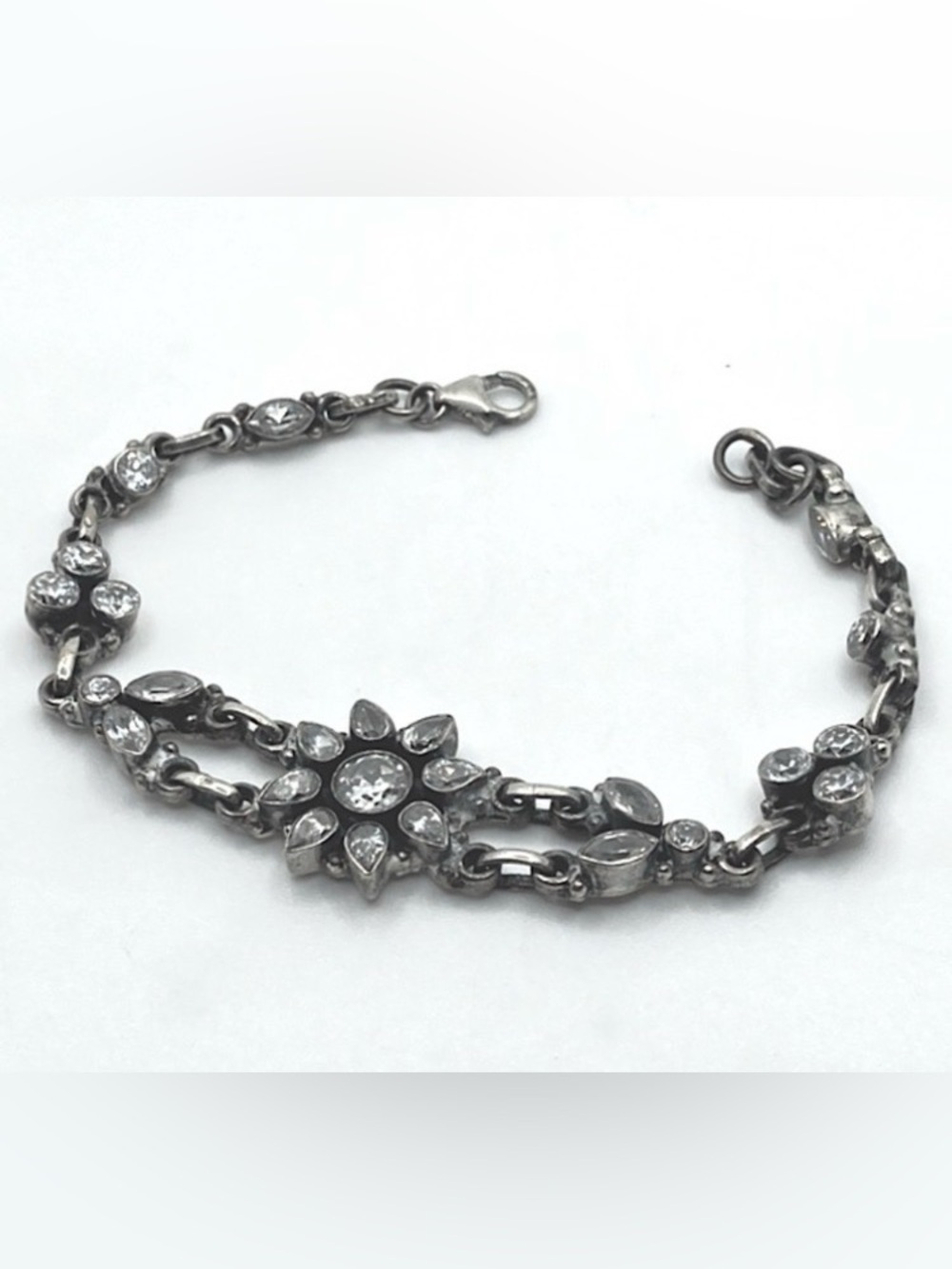 Vtg sterling silver crystal flower floral motif bracelet adjustable 7.2”- 8”
